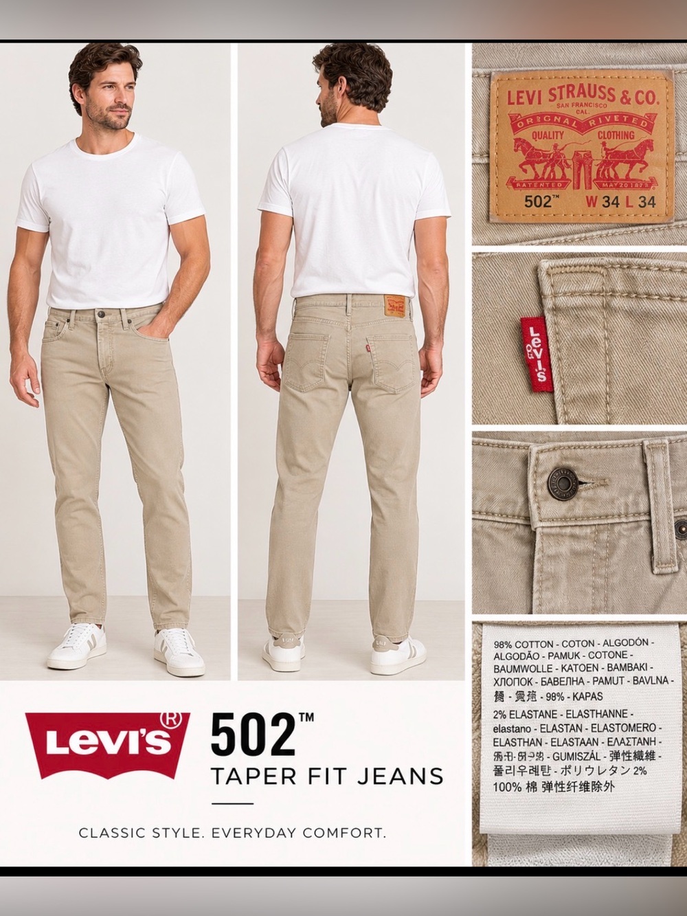 Levi’s 502 Men’s Taper Fit Stretch Jeans Beige Khaki W34 L34